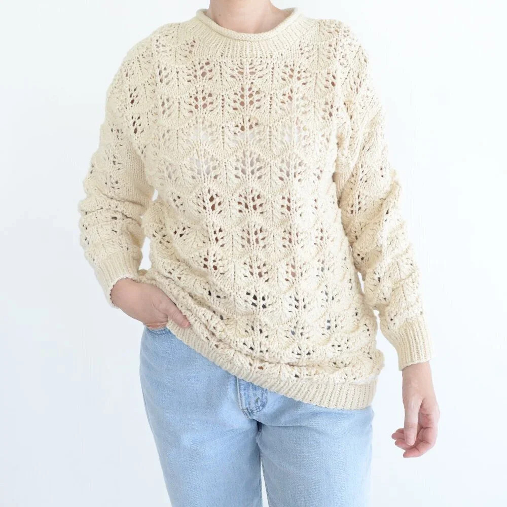 Vintage Episoia Cream Hand Knit 100% Cotton Scoop Neck Sweater S